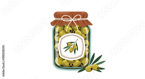 Glass jar filled with green pickled olives featuring a rustic lid and a decorative label with an olive branch design.