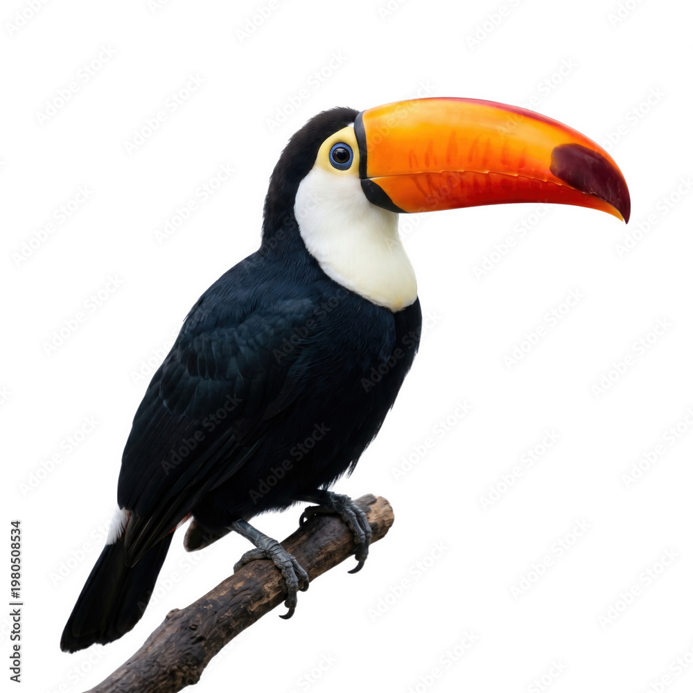 Fototapeta premium Colorful toucan with large beak isolated PNG, tropical bird with black plumage and vibrant orange bill on transparent background