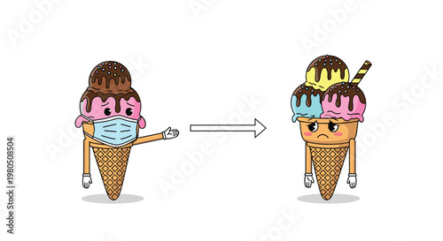 Two ice cream cone characters with one wearing a medical mask to represent health awareness and social distancing.