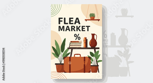 Flea market advertisement poster featuring second hand items like a suitcase books and a vase on a wooden shelf.