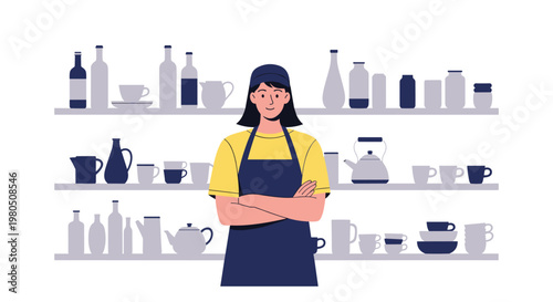 Female coffee shop barista standing with her arms crossed in front of shelves filled with various cups and pots.
