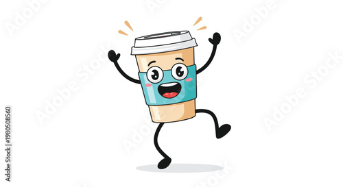 Happy coffee cup character dancing and waving its arms expresses energy and joy for a great morning start.