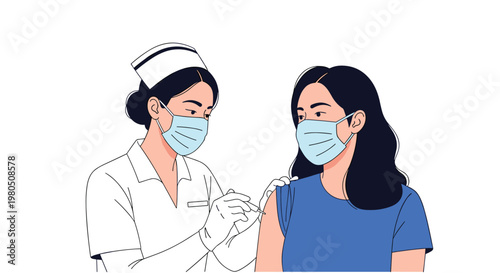 Professional nurse wearing a cap and mask administering a vaccine to a young woman for health protection.