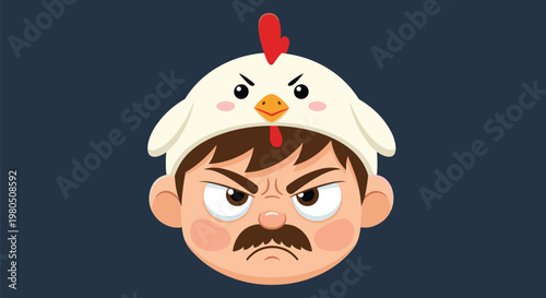 Grumpy man with a mustache wearing a funny chicken hat looks angry against a dark blue background illustration.