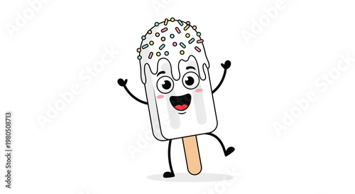 Happy popsicle character with white icing and colorful sprinkles waves its hands in a joyful and fun cartoon art.