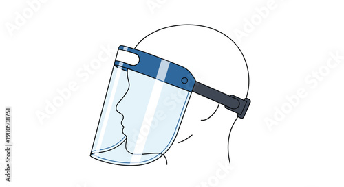 Profile view of a person wearing a protective transparent plastic face shield with an adjustable blue headband for safety.