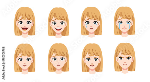 Set of eight different facial expressions for a blonde girl avatar includes happy sad crying and angry emotions.