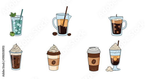 Assorted coffee and cold beverage illustrations including iced latte, espresso, frappuccino, and milkshakes in various cups.