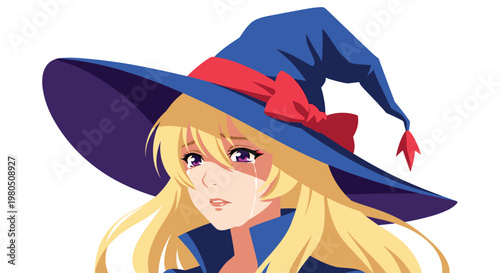 Beautiful blonde anime witch with purple eyes sheds tears of sadness while wearing her large blue magic hat decorated with a red bow.
