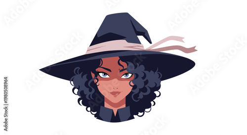 Beautiful curly haired witch with intense eyes wears a wide brimmed dark hat as she looks forward with a serious and magical expression.