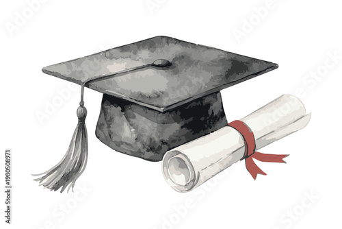 Watercolor illustration of a graduation cap and diploma scroll.