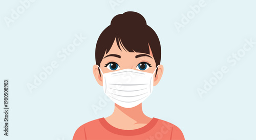 Portrait of a woman with dark hair wearing a white medical face mask for protection against viruses and pollution on a light blue background.