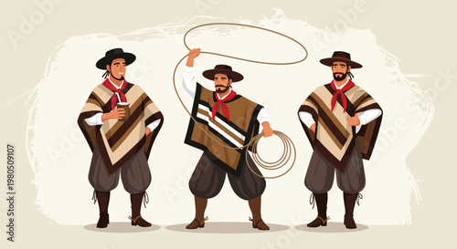 Three South American gauchos in traditional ponchos and hats standing together with one holding a cup and one with a lasso.