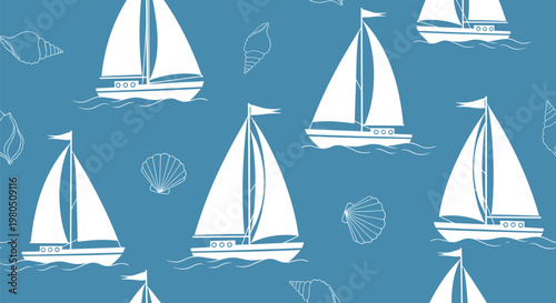 Seamless maritime pattern features white sailboats and various seashells floating on a calm blue ocean background for a coastal design.