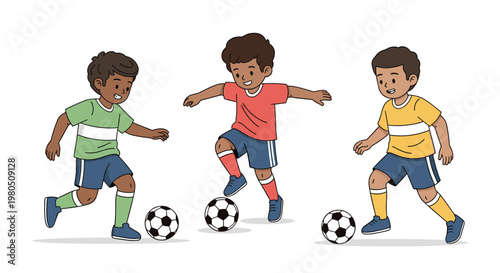 Three young boys enjoying a game of soccer by dribbling individual footballs while wearing colorful sports jerseys.