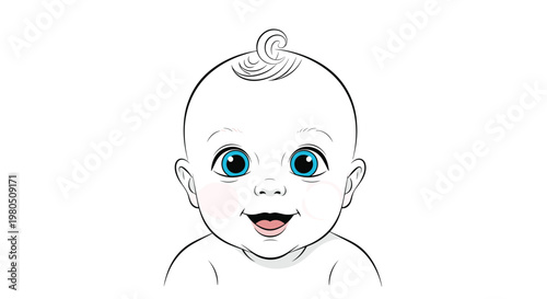 Happy baby face with bright blue eyes and a wide toothless smile is shown in a simple and clean line art drawing style.