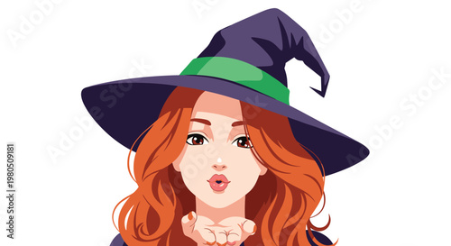 Enchanting red haired witch wearing a purple hat with a green band blows a magical kiss with a playful and charming expression.