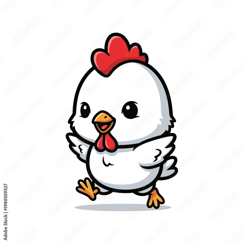 Fototapeta premium Cute chibi style white chicken cartoon character illustration featuring a red comb and wattle in a cheerful walking pose with wings out, isolated on a plain white background.