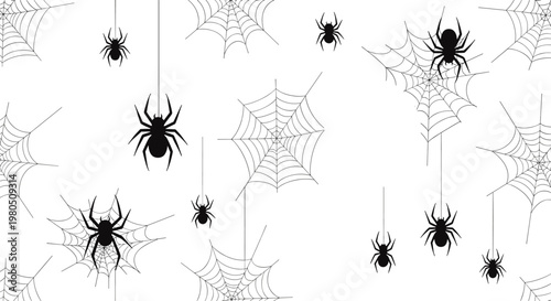 Spooky seamless halloween pattern features various black spiders and thin white spiderwebs scattered across a clean white background.