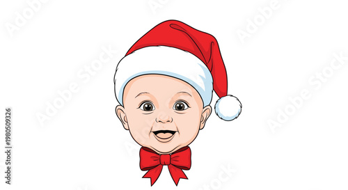 Cheerful baby face wearing a red and white santa hat and a large red bow tie looks forward with a happy toothless smile.