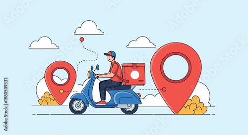 Courier riding a blue delivery scooter between large map location pins in a landscape representing efficient service.