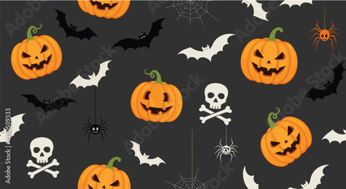 Dark grey seamless halloween pattern features carved pumpkins black and white bats white skulls and spiders for a spooky holiday vibe.