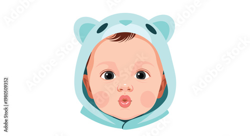 Sweet baby face wearing a light blue bear hood looks forward with a curious expression and slightly parted lips against a white backdrop.