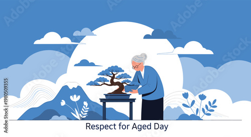 Senior woman carefully pruning a bonsai tree in a peaceful Japanese garden with mountains and a large sun in the background.