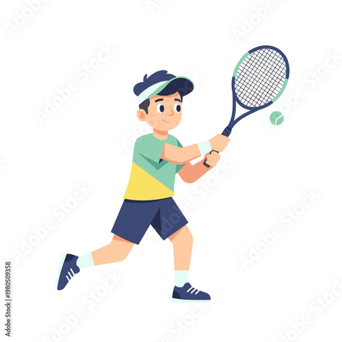 Young boy playing tennis with racket and ball in cartoon style