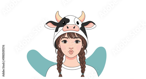 Young girl with two long brown braids wears a white cow hat with black spots and horns while looking forward with a neutral expression.