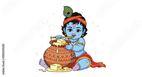 Cute baby Krishna sitting on the floor and eating fresh yellow butter from a large traditional earthen pot.