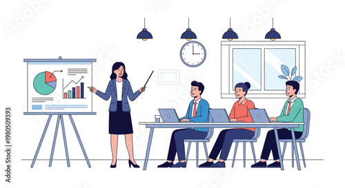 Professional woman giving a business presentation with charts and graphs on a whiteboard for her attentive colleagues.