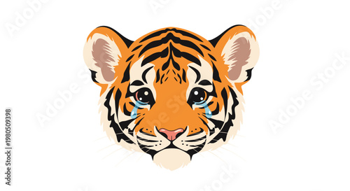 Sad tiger cub face with large expressive eyes sheds blue tears while looking forward with a sorrowful and lonely expression.