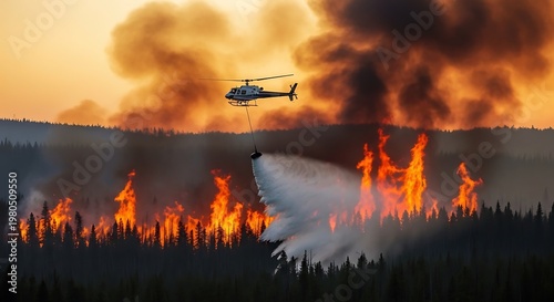 Obraz na płótnie Helicopter drops water on forest fire.