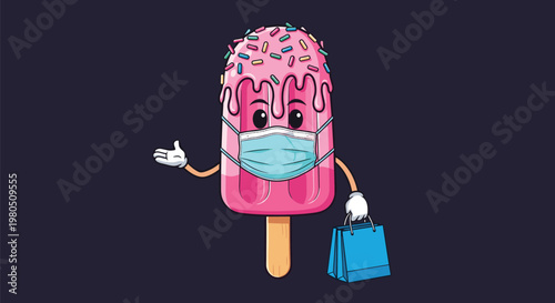 Pink ice cream popsicle character wearing a surgical mask and holding a blue shopping bag on a dark blue background.