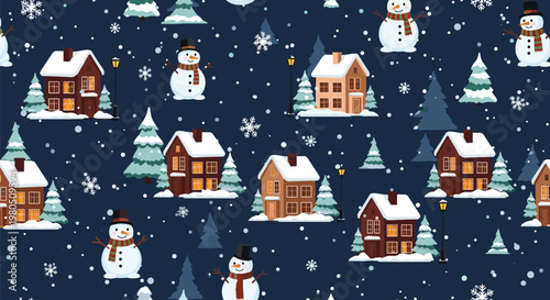 Winter village seamless pattern with snowy houses, decorated snowmen, and pine trees under a starry night sky with snow.