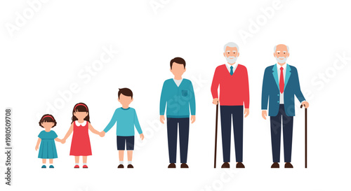 Illustration showing the stages of human growth of a male character from a small toddler to an elderly senior man.