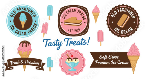 Vintage ice cream parlor labels and badges, retro dessert shop vector collection, old fashioned sweet treats and soft serve icons