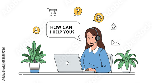 Female customer service representative with a headset working on a laptop at her desk with support icons above.