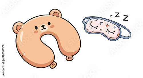 Comfortable travel accessories set with a bear-shaped neck pillow and a matching pink sleep mask with star patterns.