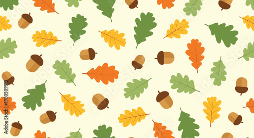 Beautiful autumn seamless pattern featuring colorful oak leaves and brown acorns scattered across a light cream background.