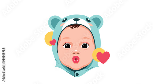 Adorable baby face illustration wearing a soft blue bear-eared hoodie decorated with hearts and colorful circles.