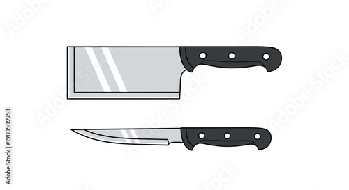 Professional kitchen tools set including a heavy-duty meat cleaver and a sharp utility knife with black handles.