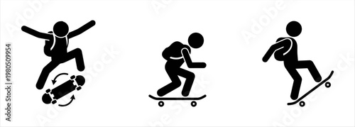 Set of diverse stick figure icons illustrating various dynamic skateboarding actions and movements