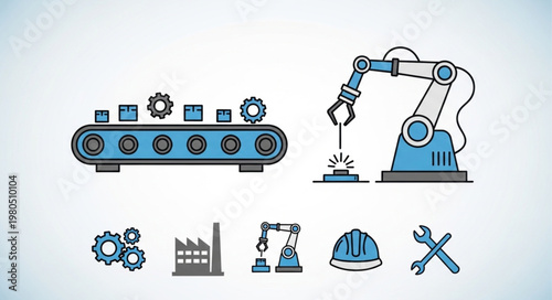Industrial automation factory production line robot arm and conveyor belt icons.