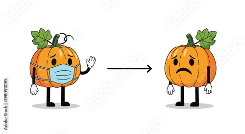 Cartoon pumpkin character wearing a blue medical mask and waving its hand then appearing sad after taking the mask off for safety.