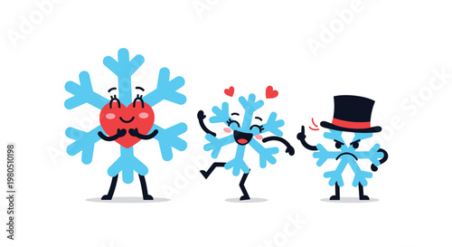 Collection of three cute snowflake characters representing love, happiness, and anger with different facial expressions and poses.