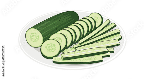 Plate full of fresh green cucumber slices and sticks prepared for a healthy snack or salad on a white background for food themes.