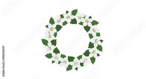 Delicate circular wreath made of white jasmine blossoms and vibrant green leaves on a white background for wedding decor.
