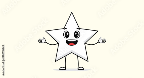 Enthusiastic white star character with big eyes and an open mouth smile waving its hands in excitement on a pale background.